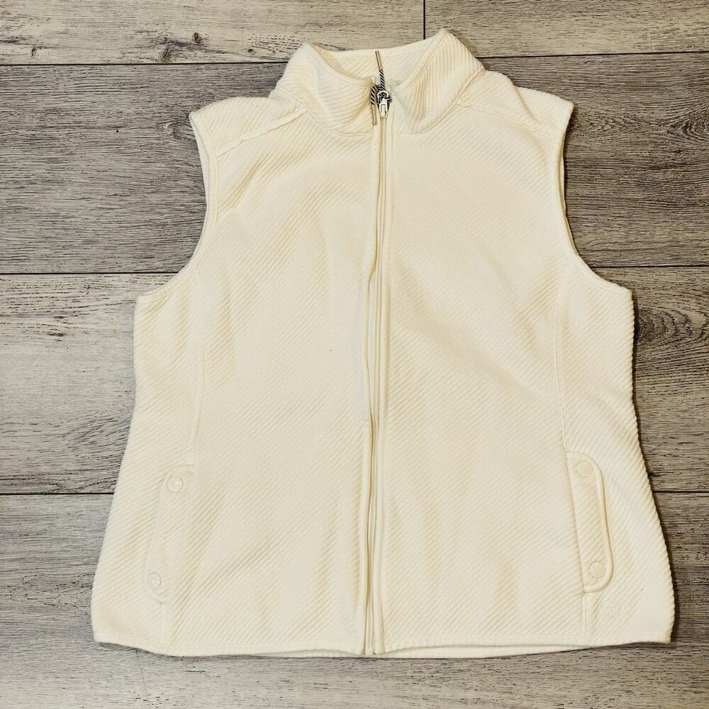 T Talbots Vest Womens L Ivory Quilted Button Front Pockets Classic Minimalist